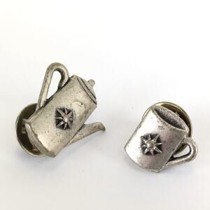 Set of 2 Pewter Coffee Tea Pot & Cup Lapel Tack Pins, Converted Buttons, Star